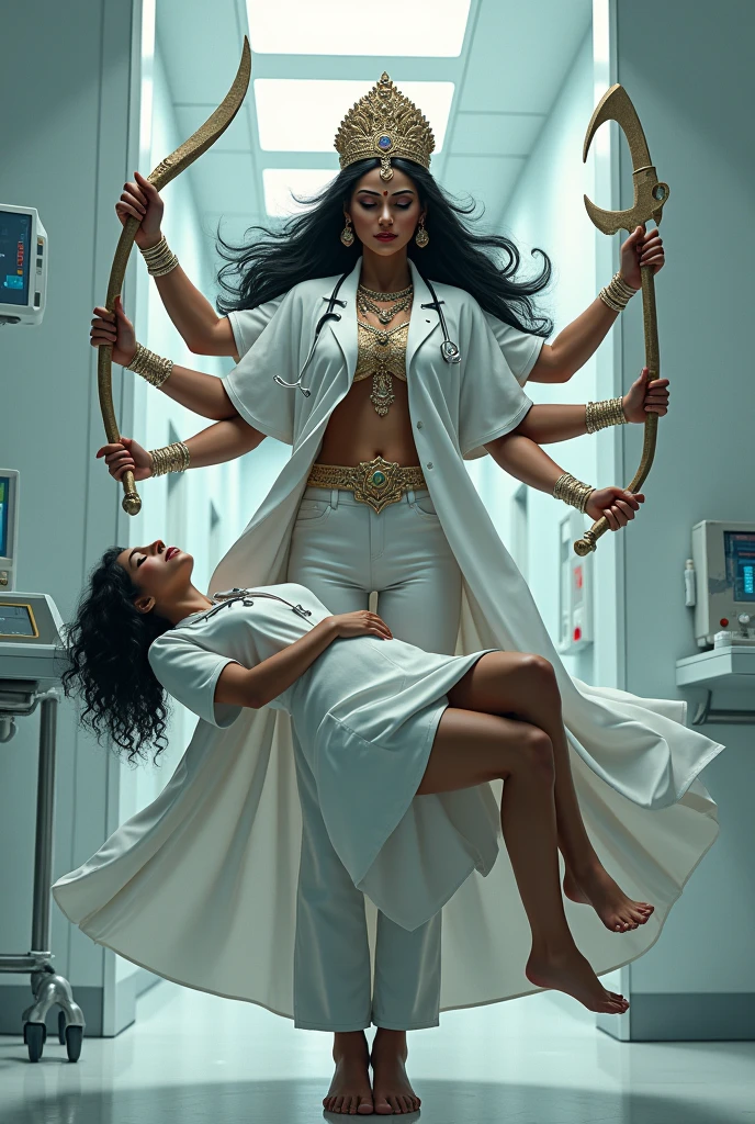 Goddess Durga in Mahisashurmardini form wearing a modern day doctor's uniform carrying the body of a lady doctor 