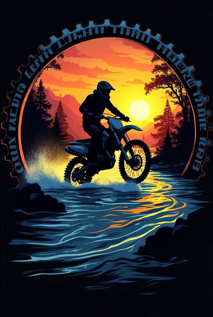 Make a silhouette of a dirt bike doing a river crossing with the water blue and sunset. Put it in a circular frame with it's edges as a dirt bike sprocket. Name it on the outer edges "CADIZ LIGHT TRAIL RIDERS"make the background black with aggressive bold lettering same color with the sunset