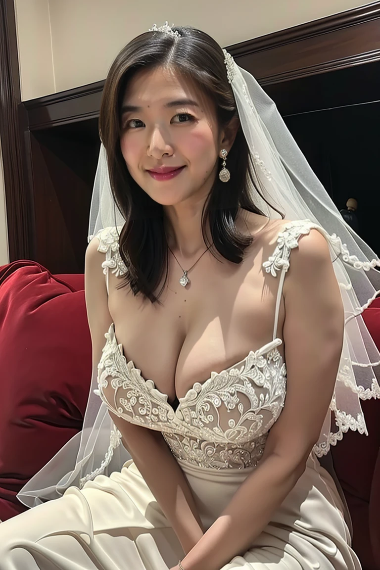 (masterpiece:1.2, Highest quality), Beautiful Skin, (One person, alone), Mature Woman, mother, Mature Woman, 40-year-old woman,Beautiful Bride,  ((Slut))), (Asymmetrical Hair), ((Long Hair)), ((Red lips)), Sexy smile, Lips parted, Waist, expensive, marriage, ((nsfw, Large Breasts, Cleavage, Greasy breasts, Erect nipples, )), ((Wedding dresses with luxurious decorations)), Earrings, necklace, Chapel in the background, Realistic lighting, 