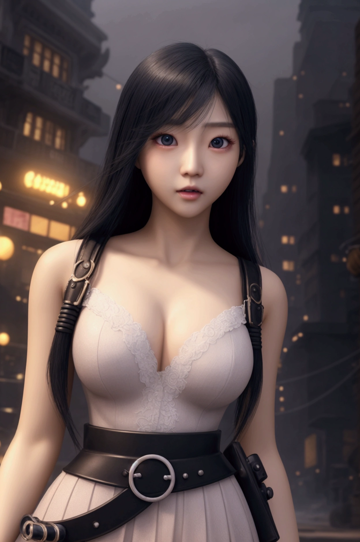 Photo Realistic a happy korean girl age 21 (full body), surprised expression, beautiful detailed eyes, beautiful detailed lips, extremely detailed face, large expressive eyes, long eyelashes, in the city resemble Final Fantasy VII Rebirth world, vibrant colors, intricate details, kawaii style, octane render, 8k, highly detailed, photorealistic, dramatic lighting, volumetric fog (1:1)