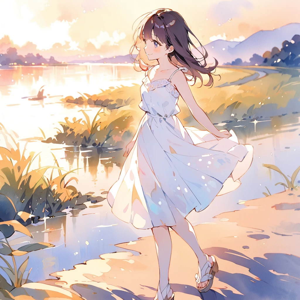 A young, slender girl is walking along the riverbank at sunset,The girl is wearing a white camisole and summery sandals.,The dazzling profile is smiling,Nostalgic watercolor illustration,