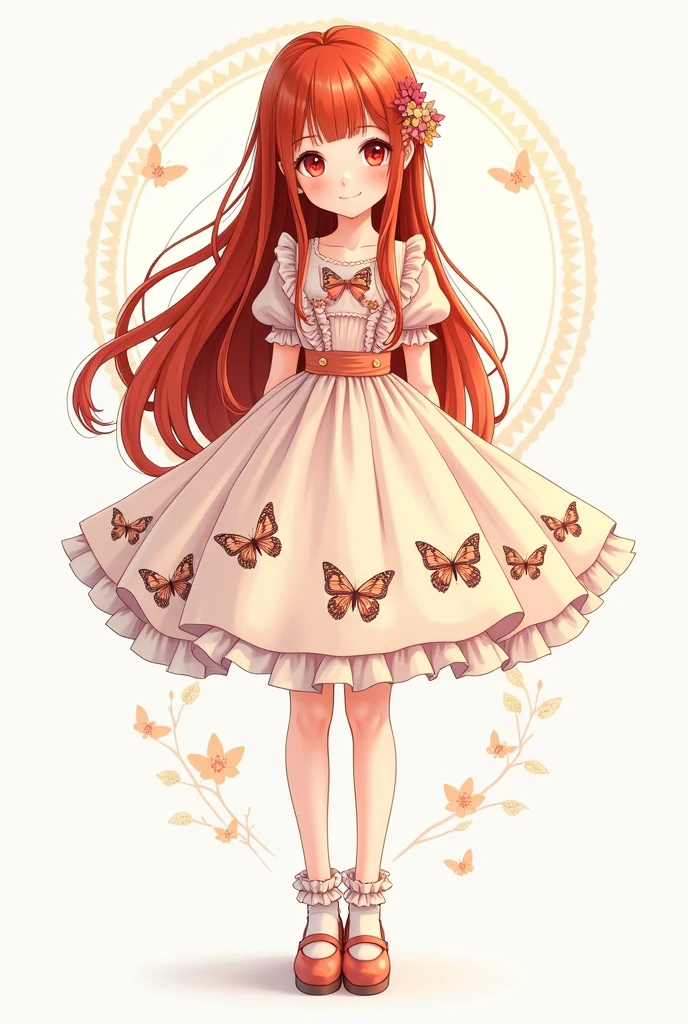 (masterpiece, Best Quality, High resolution: 1.4), detailed, intricate details, 4k, touch of color, Line art, Fibonacci.
detail.
Adolescente slim, girl long red hair, Waist length hair, Red eyes, smooth skin, White skin, slim, smiling, gentle.
detail de ropa
Vestido de Princess con mariposas estampadas, Princess, socks, cute shoes.