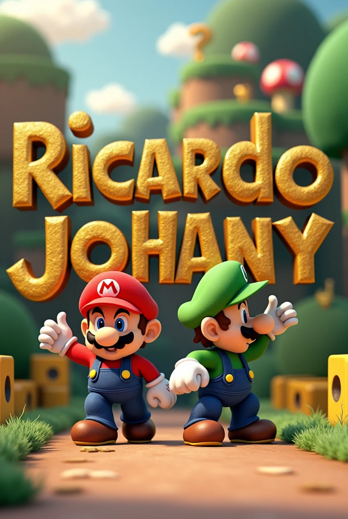 Create an image of mario bros with the word Ricardo Johany Ortiz Hernandez languages 1*B in gold 3d letters