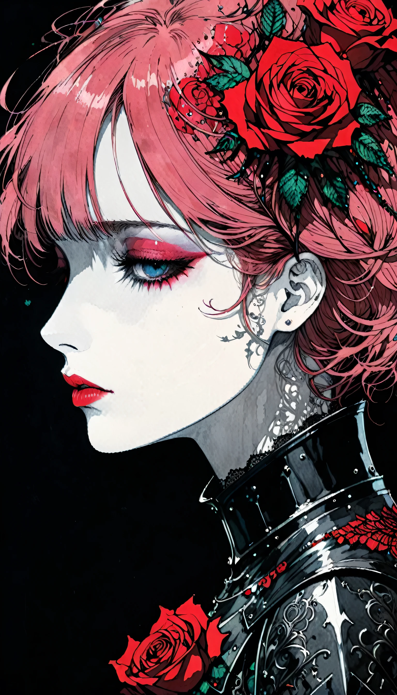 in style of Harry Clarke,
(rose-headed knight:1.6),(rose face:1.2),(rose head:1.3),drawing by Conrad Roset close up,(darkness:1.2),(very detailed shadows:1.2),absolute shadows,absolute darkness,