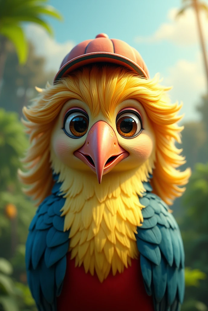 a toucan with blond hair and a reverse jockey