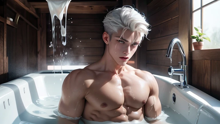A young boy with white hair,fair skin,handsome,The triangle briefs are wet, so I took half of them off.,裸上半身Soaked in milk,Showing six-pack abs and chest muscles with water droplets on them,Soaked in milk,纖細長腿Soaked in milk,There is a big protrusion from below and milk is spurting out,Soaked in milk,Tilting their head back, they wore an expression of comfort.,Milk flows from the corners of the mouth,Sticking out tongue,Drinking milk,Very shy expression,Milk flows from the corner of the mouth,covered in milk,soak in milk,There's milk on your face too,Milk flows from the corners of the mouth,身上Soaked in milk,Complete character,To the light,The light shines on the abdominal muscles,milk everywhere
