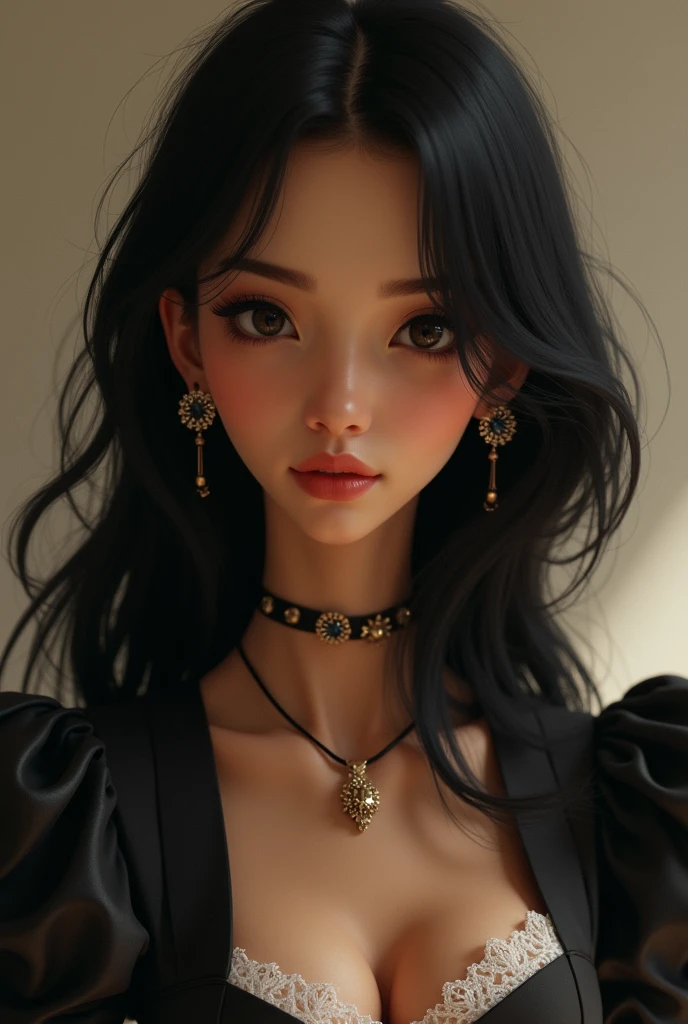 (Photorealism:1.2), thin and short woman, long black hair, small mouth, almost sharp nose, brown skin color almost brown, outfit with puffed sleeves and high neckline with earrings and necklace, almost black and small eyes with a smiling face