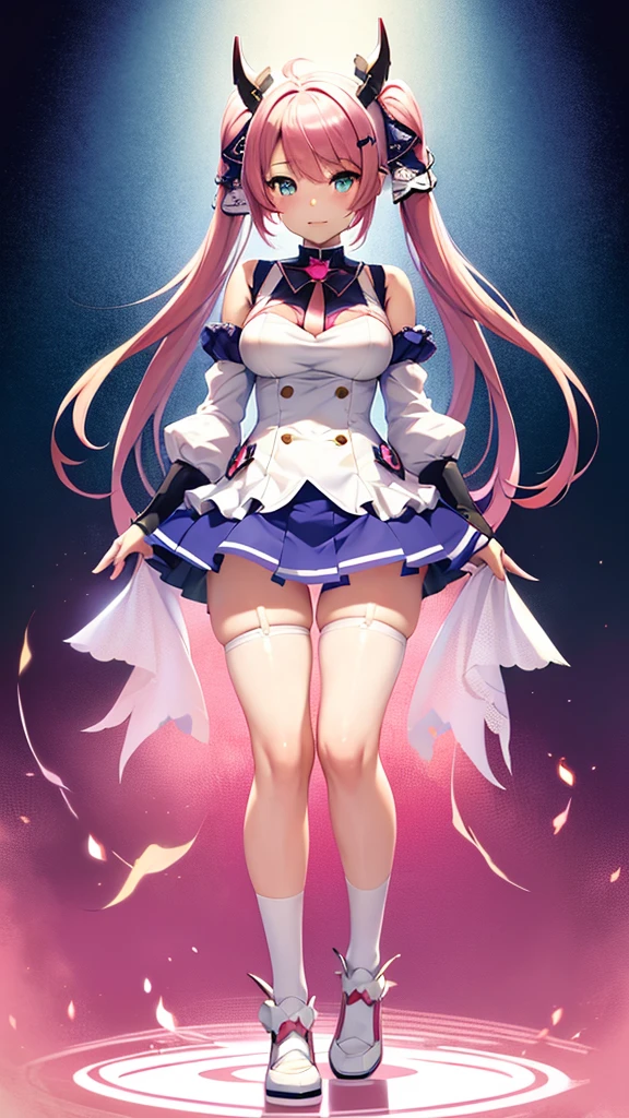 anime girl with horns, skirt and socks, anime full body illustration, characters from azur lane, demon anime girl, anime woman full body art, official character art, pink twintail hair and cyan eyes, from the azur lane videogame, adoptable full body, anime barbie in white stockings, azur lane style, vtuber anime full body model