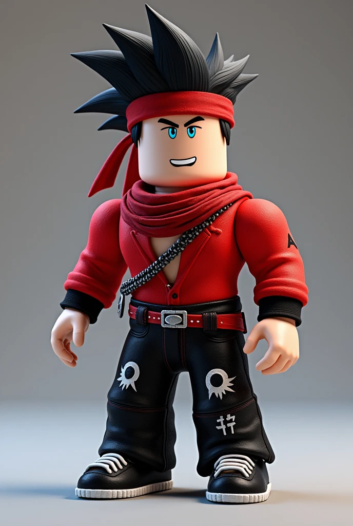 Roblox avatar black spiked hair light blue eyes red shirt black pants with print and red scarf on forehead