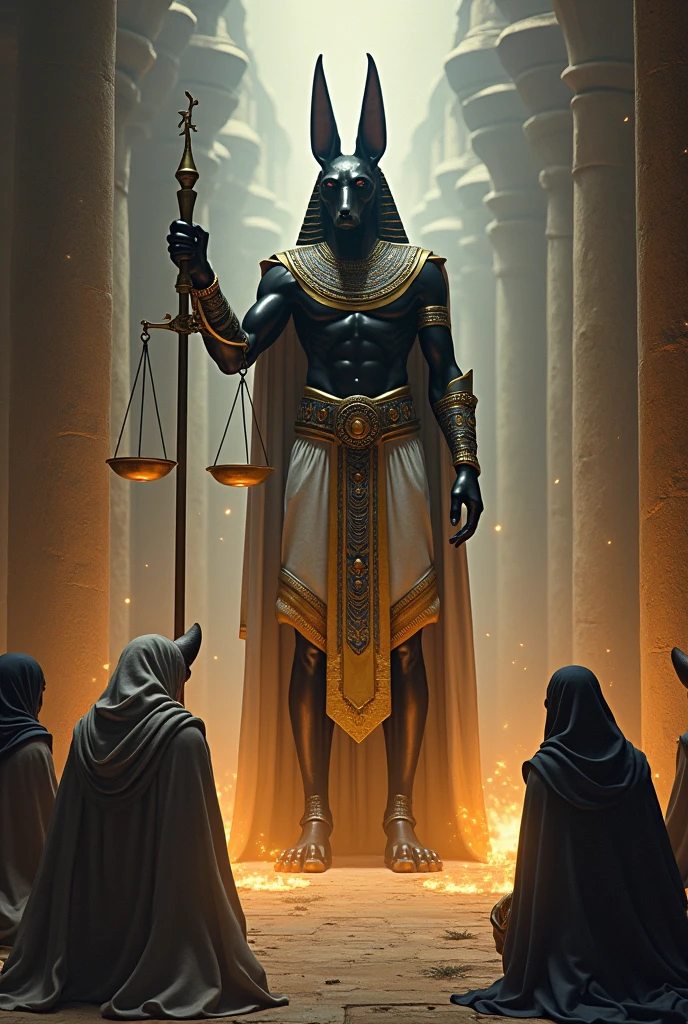 scene with Anubis the Egyptian God of death standing holding a scale with the image of the world of the dead behind him. Anubis the Egyptian god of death has the head of a jackal and the body of a human. he has to be wearing egyptian clothes. must have other characters kneeling at their feet. he should appear larger than the other characters around him.