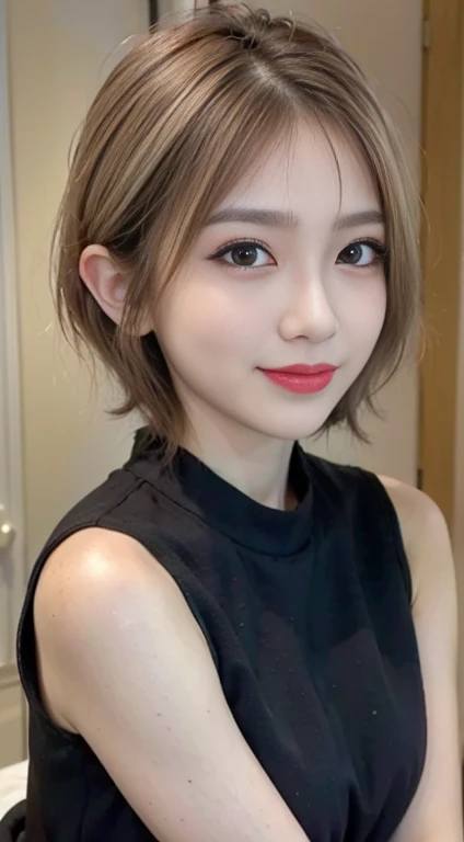 blush a little and smile, (Top quality masterpiece:1.2) Delicate illustrations, Very detailed, /Beautiful Japanese Women、1 person,Very cute and slim、Great style 、((8k images、super high quality))、Very delicate face, Big Breasts、Skin and Hair、beautifule forehead、Red lipstick、(((((short hair、Blonde、lure))))),Very cute Japanese cut face、Eyes and nose are clearly visible、Kind eyes,((((Sexy black sleeveless dress))))