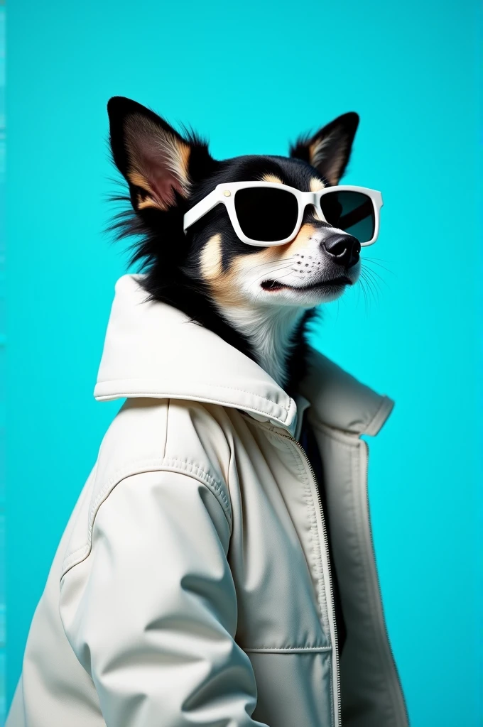 The best cell phone wallpaper, Award-Winning Wallpaper, portrait photography, In the front view is a portrait of a cute dog wearing mid-1960s space age fashion, Side view photo, Shot with Canon EOS R5, Set a strong contrast that accentuates the subject, Fluorescent blue tone, Wearing a very modern coat and sunglasses is a modern 1960s style, Clothes all in one color, beautiful background