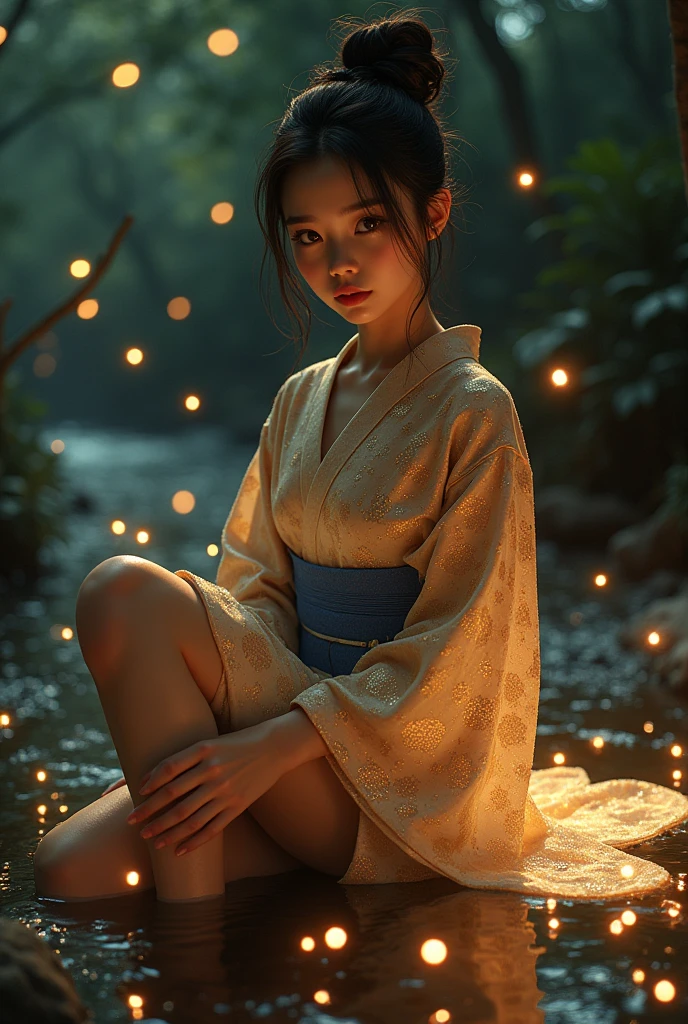 (masterpiece,best quality:1.4),(8k,raw photo,photo realistic:1.2),shiny skin,detailed skin,detailed face,detailed eyes,Detailed hands,Detailed Background、1girl,Japanese idol,(beautiful face),(Shining Eyes:1.1),、、Symmetrical eyes、、Great background、Great location、((Japanese Yukata))、(Detailed and very cute,)、Mysterious夜,Fireflies flying around in the stream,The light emitted by fireflies,Full body portrait,,Mysterious,Seductive woman sitting,nswf,sexy Instagram style