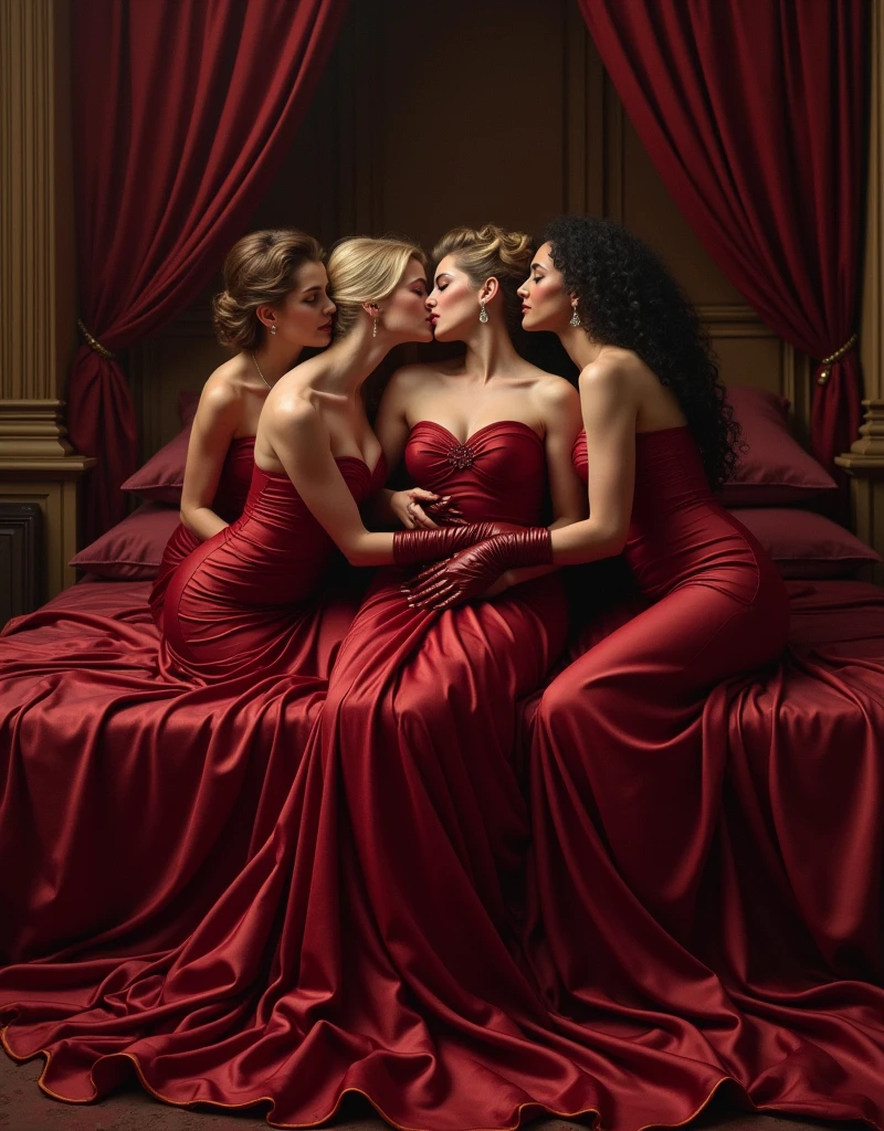 ultra quality, masterpiece, ultra resolution, longshot view, artwork, super それにget used to it, many get used to it, get used to it, それにget used to it, top view angle shows the entire people,love,romantic,((Six persons)),((Five Mothers and Daughter)),((Five Mature Women and Daughter with the tiara)),NSFW kissing lips, nsfw chest and nipple exposed,((Five Mature Women lips kissing embrace and holding Daughter)),((Five Mature Women holding hands and a Daughter sat between Five Mature Women kissing)),((Midnight maroon satin velvet oversized long sleeve evening dresses)),((Oversize long sleeve midnight maroon satin velvet dresses)),((Full-length dresses train skirt stretched down and flared covered the entire mattress)),((Full of luxurious satin velvet fabric stretches and covers the the entire mattress)), luxurious shiny midnight maroon satin velvet evening dresses, Sitting kiss and hugging on the bed,((The Young Woman facing Five Mature Women kissing)),((Gorgeous queen rococo satin velvet long sleeve evening dresses with voluminous full-length stretched down and flared train skirt)),full-length sleeve midnight maroon satin velvet gloves,((long midnight maroon satin velvet gloves)),((floor-length midnight maroon satin velvet evening dresses skirt stretched down to cover the mattress)),An evening dresses with full shiny midnight maroon satin velvet fabric material,((Five Mature Women hugging)),luxury bedroom palace,((Palace full shiny midnight maroon bedroom)),((The bed full-covered of stretched and flares satin velvet fabric)),((Long midnight maroon velvet bedroom material)),Frilled silk velvet bedroom midnight maroon bludru pillows on the bedroom,Five Mature Woman hugging,surrounded and covered by Five Mature Women's dresses skirt,((Five Mature Women is sitting kiss hugging, sitting in the bed between Five Mature Women)),luxurious ruffled midnight maroon curtains