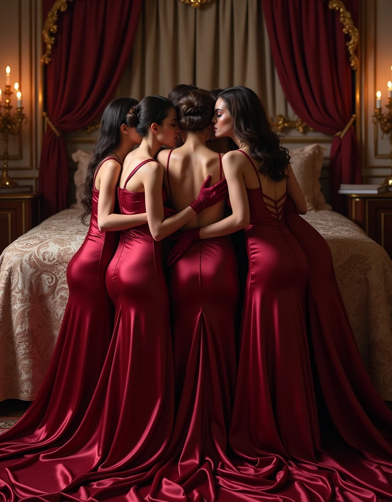 ultra quality, masterpiece, ultra resolution, longshot view, artwork, super それにget used to it, many get used to it, get used to it, それにget used to it, top view angle shows the entire people,love,romantic,((Six persons)),((Five Mothers and Daughter)),((Five Mature Women and Daughter with the tiara)),NSFW kissing lips, nsfw chest and nipple exposed,((Five Mature Women lips kissing embrace and holding Daughter)),((Five Mature Women holding hands and a Daughter sat between Five Mature Women kissing)),((Midnight maroon satin velvet oversized long sleeve evening dresses)),((Oversize long sleeve midnight maroon satin velvet dresses)),((Full-length dresses train skirt stretched down and flared covered the entire mattress)),((Full of luxurious satin velvet fabric stretches and covers the the entire mattress)), luxurious shiny midnight maroon satin velvet evening dresses, Sitting kiss and hugging on the bed,((The Young Woman facing Five Mature Women kissing)),((Gorgeous queen rococo satin velvet long sleeve evening dresses with voluminous full-length stretched down and flared train skirt)),full-length sleeve midnight maroon satin velvet gloves,((long midnight maroon satin velvet gloves)),((floor-length midnight maroon satin velvet evening dresses skirt stretched down to cover the mattress)),An evening dresses with full shiny midnight maroon satin velvet fabric material,((Five Mature Women hugging)),luxury bedroom palace,((Palace full shiny midnight maroon bedroom)),((The bed full-covered of stretched and flares satin velvet fabric)),((Long midnight maroon velvet bedroom material)),Frilled silk velvet bedroom midnight maroon bludru pillows on the bedroom,Five Mature Woman hugging,surrounded and covered by Five Mature Women's dresses skirt,((Five Mature Women is sitting kiss hugging, sitting in the bed between Five Mature Women)),luxurious ruffled midnight maroon curtains