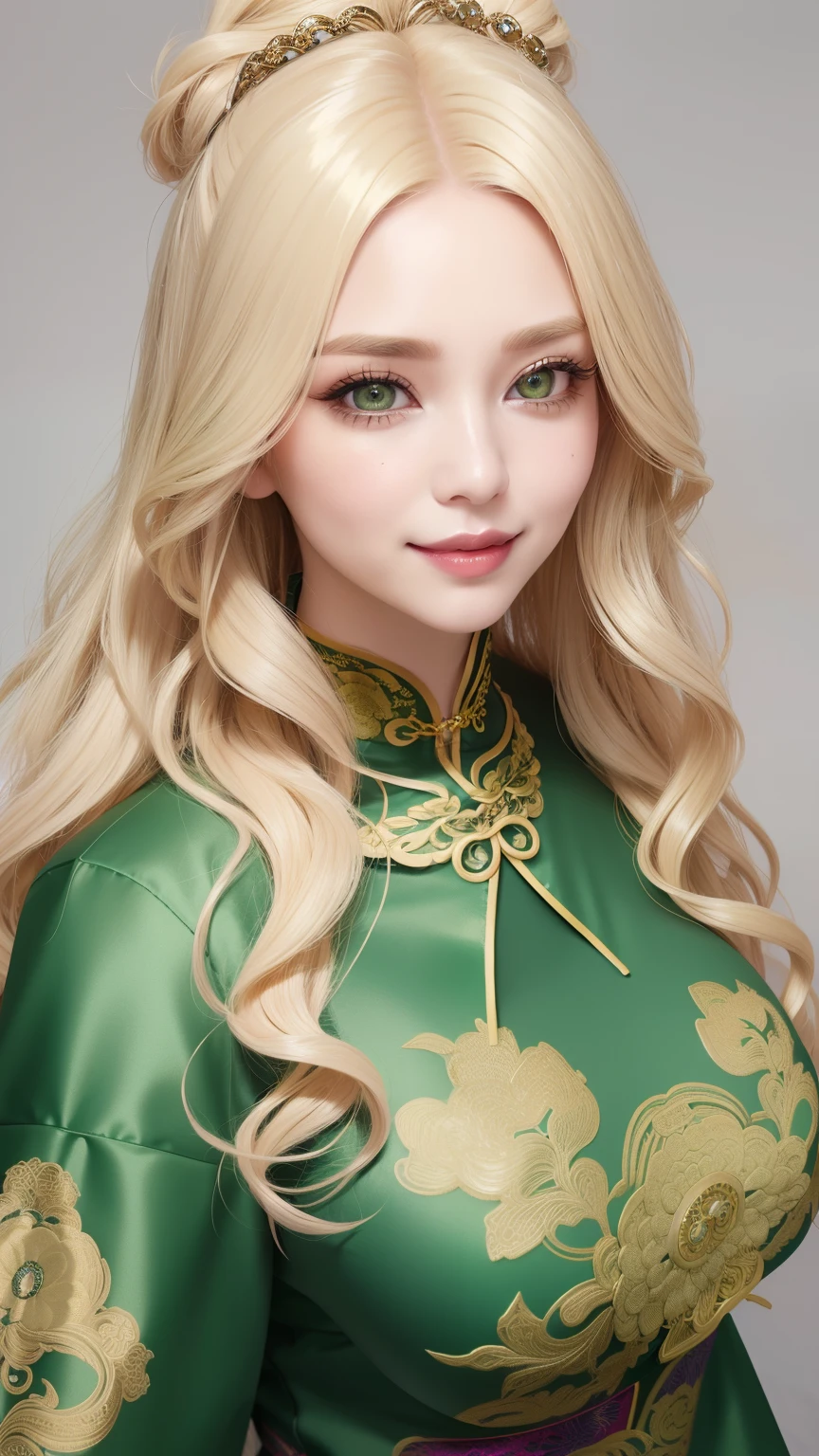 woman((30 year old)), hair((blonde, long, wavy)), eyes ((green eyes, big eyes)), clothes((fur mantle, cheongsam)), accessories ((chocker)), big breast, gigantic breast, lipgloss, smiling, smiley face