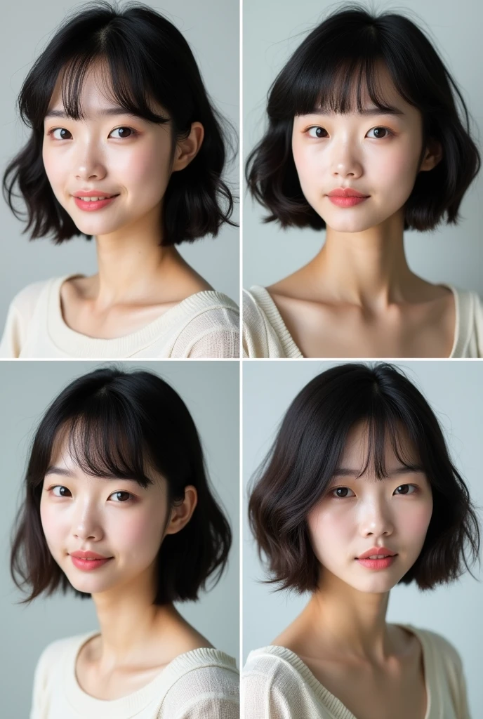 The image is a collage of four photos of a young asian woman with 4 variant long bob cut with bangs hairstyles, same face, thin face.