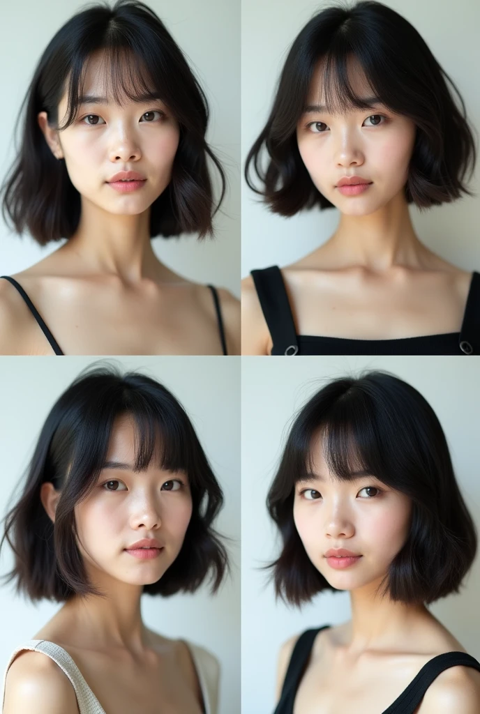 The image is a collage of four photos of a young asian woman with 4 variant long bob cut with bangs hairstyles, same face, thin face.