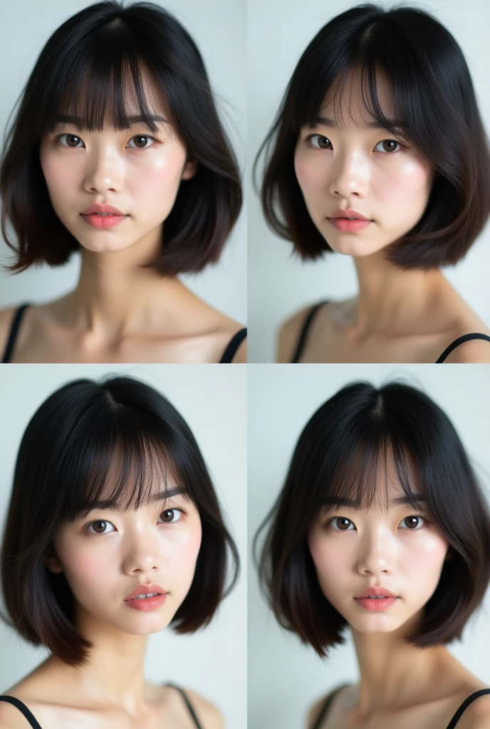 The image is a collage of four photos of a young asian woman with 4 variant long bob cut with bangs hairstyles, same face, thin face.