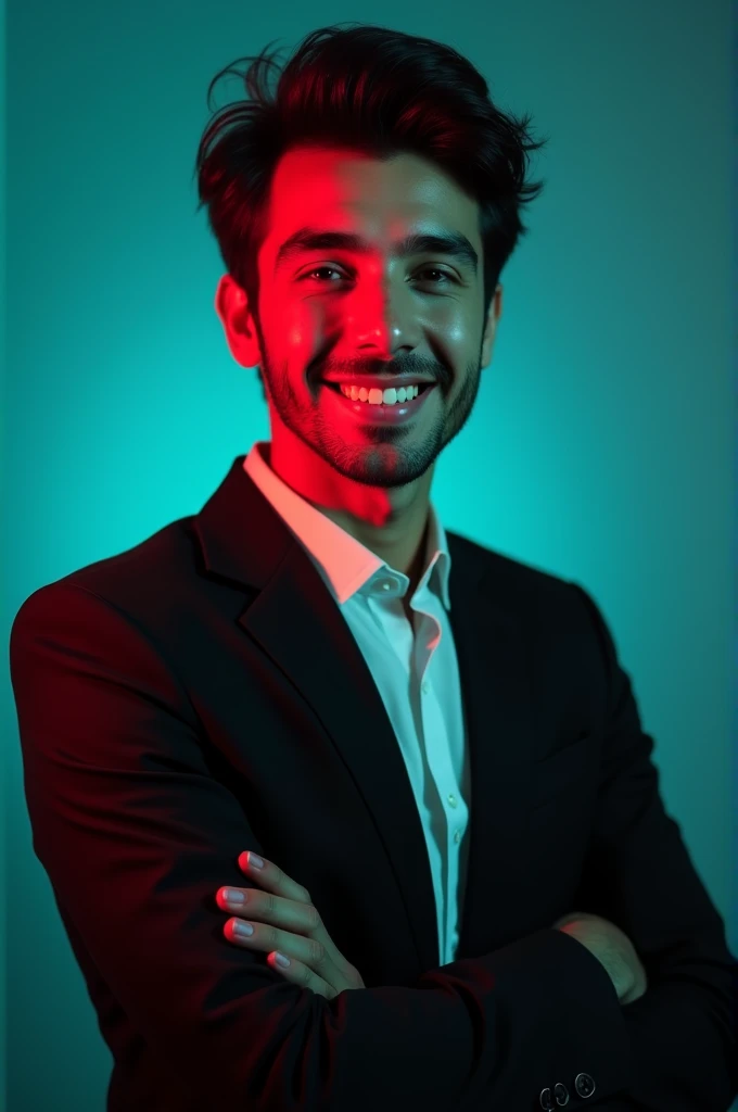A young men with dark hair and a confident smile he is dress a black blazer over a white shirt. A man is positioned against aqua colour backdrop with a subtle red lighting of the rate site and posing for linkedin profile