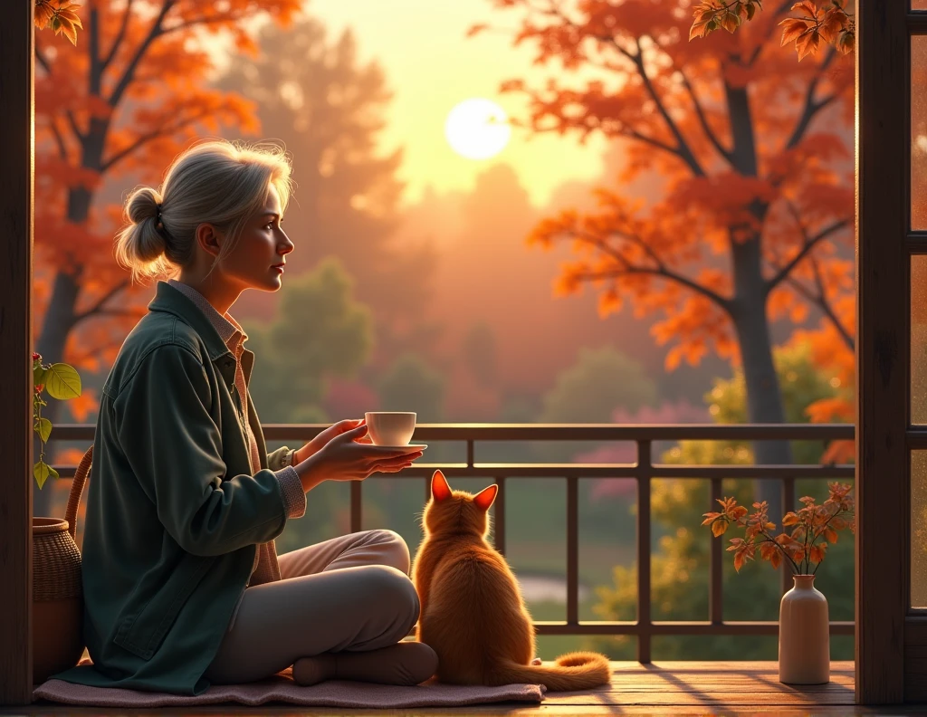 creates an image of a middle aged woman with an orange cat drinking a cup of tea looking out from a bakcon looking out to the garden with autumn trees with the three colors of autumn in a sunset