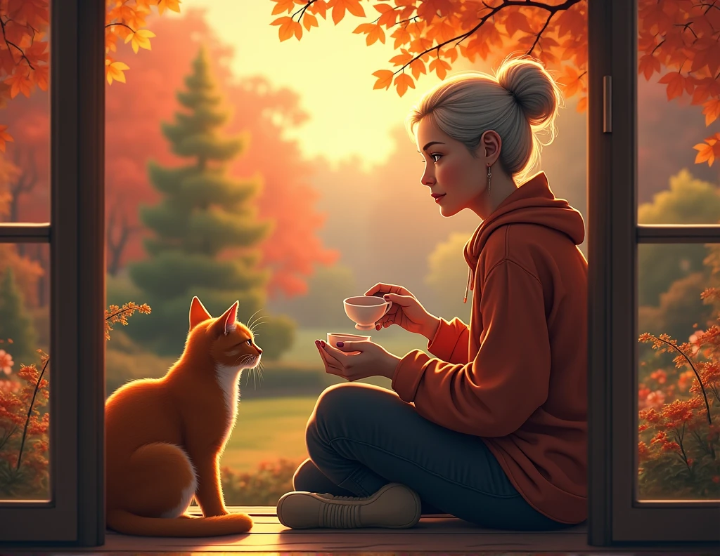 creates an image of a middle aged woman with an orange cat drinking a cup of tea looking out from a bakcon looking out to the garden with autumn trees with the three colors of autumn in a sunset