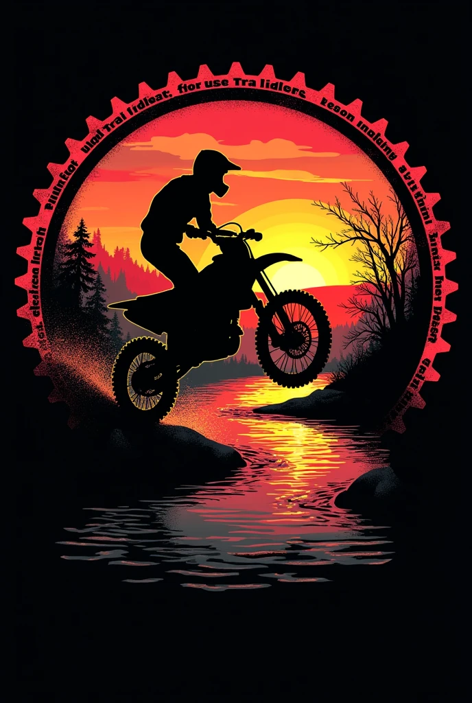 Make a  silhouette of a dirt bike doing a river crossing with the water blue and sunset. Put it in a circular frame with it's edges as a dirt bike sprocket. Name it on the outer edges "CADIZ LIGHT TRAIL RIDERS" make the background black with aggressive bold lettering same color with the sunset