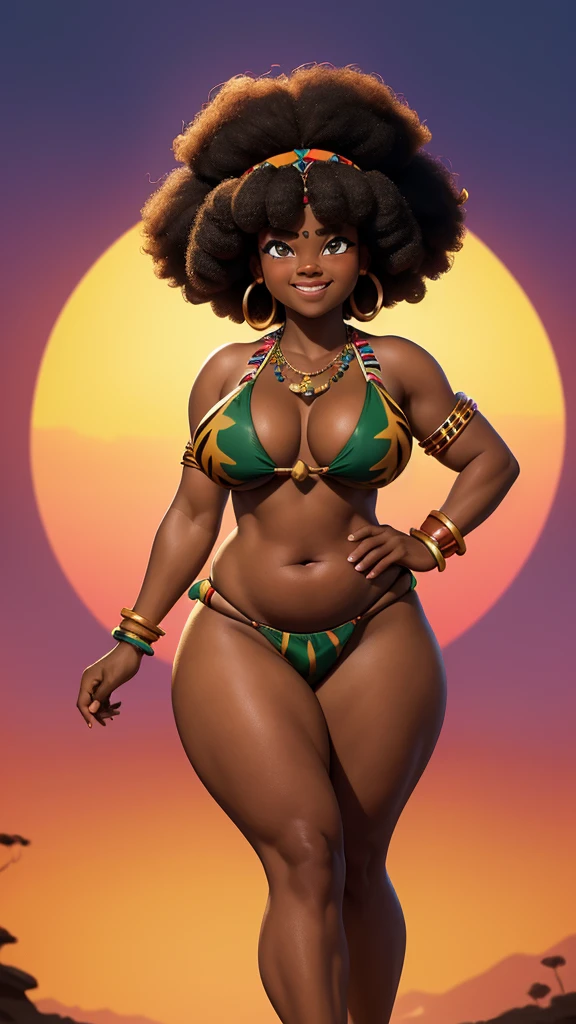 (((Jackie Parris))), (((Simon Bisley))), (((Frank Frazetta))), ((((absurdists))), (((best quality))), (((masterpiece))), (((thicc))), (((afro hair))), large, chubby, wide hipped, thicc, aged-32, African woman, large chest, Zulu warrior of the middle ages, white war paintings on body, perfect and proportional body, cheetah print, big black afro hair, black-skinned savanna warrior wearing very few clothes and many necklaces and body adornments, tiny green bikini made of African beads and crystals, sandals, smiling, rainbow, crystal, red sunset, glowing