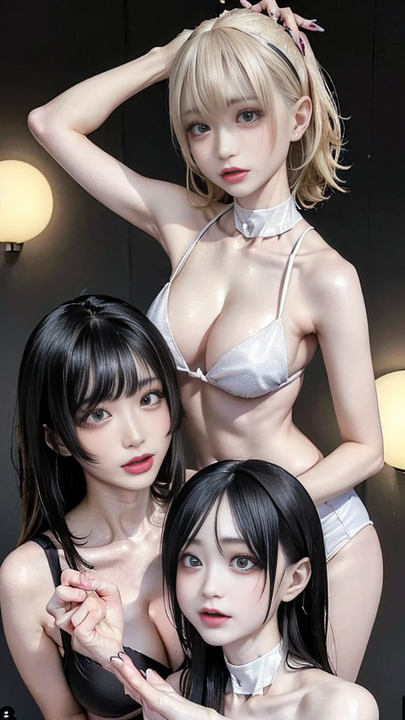 (masterpiece, highest quality, highest quality, Official Art, beautifully、beautiful:1.2), Cinema Lighting、(Key light at 45 degrees from the front,Orange Fill Light、Soft Blue Backlight、Strong Shadows), Accurate human body、Knowledgeable person、Correct five-finger、4K - ultra-vivid、highest quality, masterpiece, Ultra-high resolution, Detailed Background、The perfect background、
(Oilskin,Glowing Skin、Realistic skin texture、Beautiful skin in every detail、Shiny skin、Slimy skin、Shiny skin、Shiny skin, White skin, Real human skin,
Oval face, pore, (Shiny Lip gloss, eyelash, Terrible face, Sexy smirk facial expression:0.8, Colored contact lenses、Lip gloss, Long eyelash, Prominent double eyelids, Jirai Girl, Jirai Type Makeup:1.5, Little devil's smile & face、Sexy smirk facial expression:0.8, Open your mouth、Seducing girl), (Big Breasts:1.8),
(((Sexy Micro Bikini))),(Oily skin、Glowing wet skin), ((Two Girls: A person with long black hair and white skin, The other had short blonde hair and dark skin.:1.8))、
From feet to head、Two Girls ,
(ラブホテル:1.8, ラブホテルのベッドの上:1.8)、((Cyan Light))
