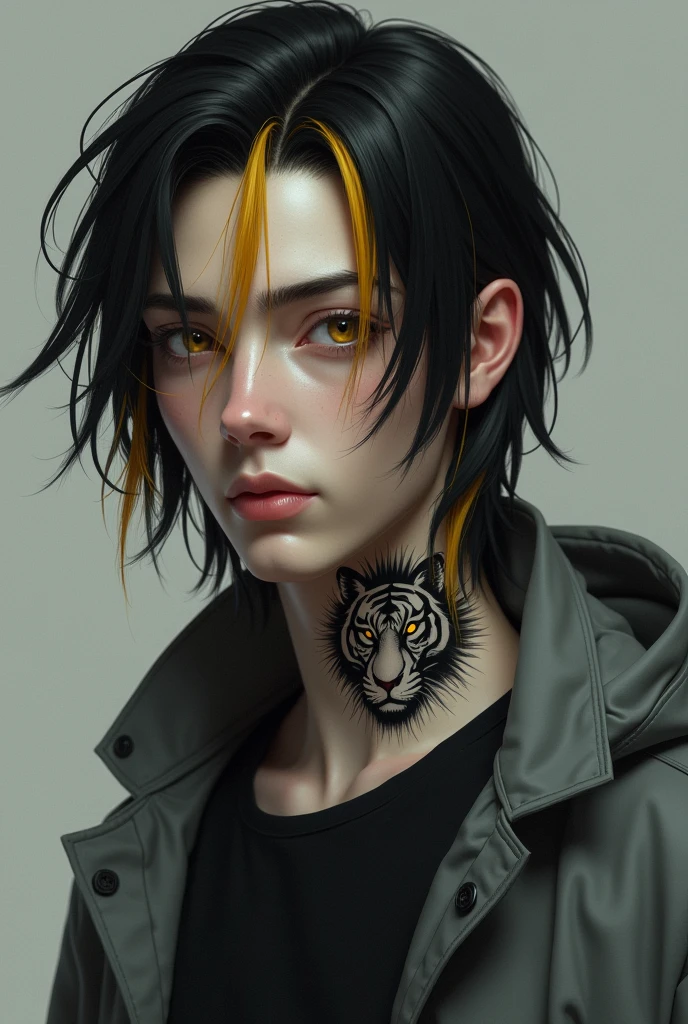 a tall boy of 1.80 long black hair with two yellow strands in front, big amber eyes with a mole on the lower right side of the right eye, He has a tiger tattooed in black tones on his right neck and is wearing a grey jacket and a black T-shirt.