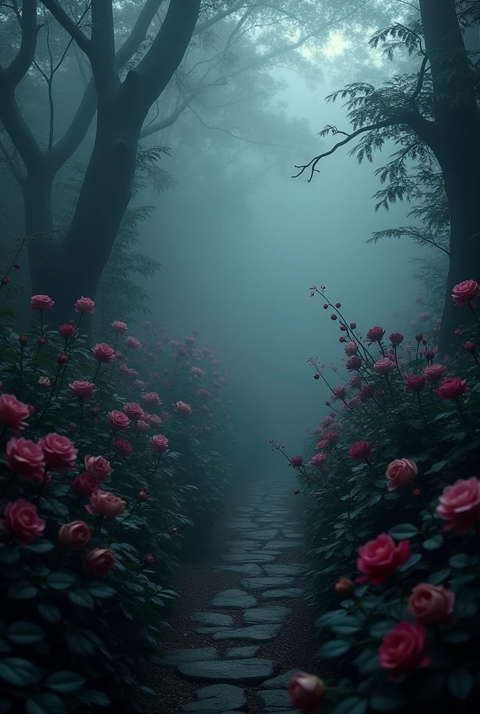 ark Floral Garden: A mysterious, enchanted garden filled with dark, velvety flowers such as black roses and dark orchids. A light mist hovers in the air, giving the garden an ethereal and secretive feel, capturing the heart notes of the perfume.