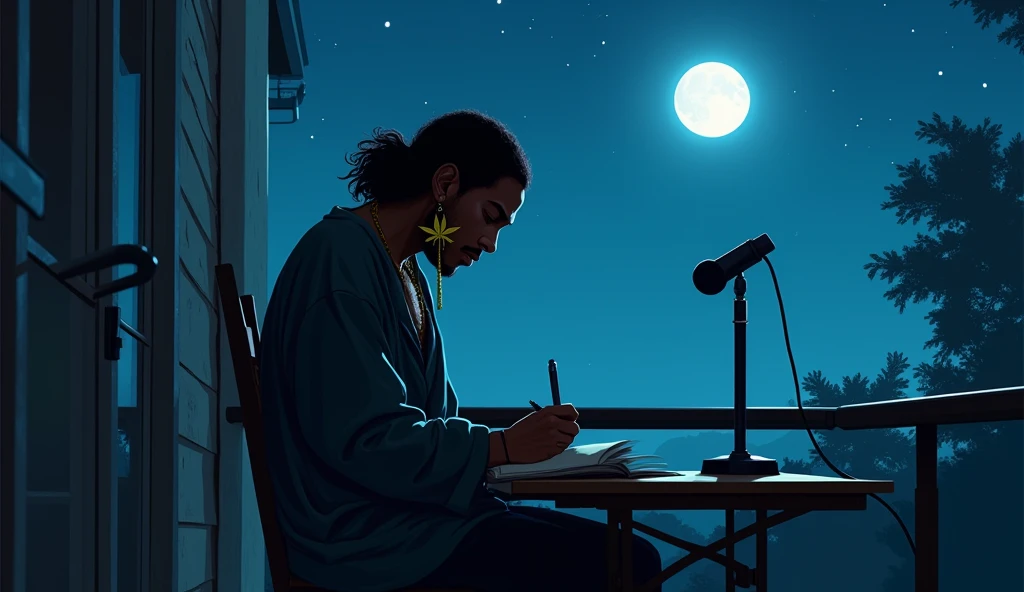 creates the image of a man sitting alone in a chair next to his balcony creating poems next to the window with a moon and a serene night, The dark-skinned man with long wavy hair wearing oversized clothing and a hanging marijuana earring and a microphone on a pedestal while creating a feminine shadow