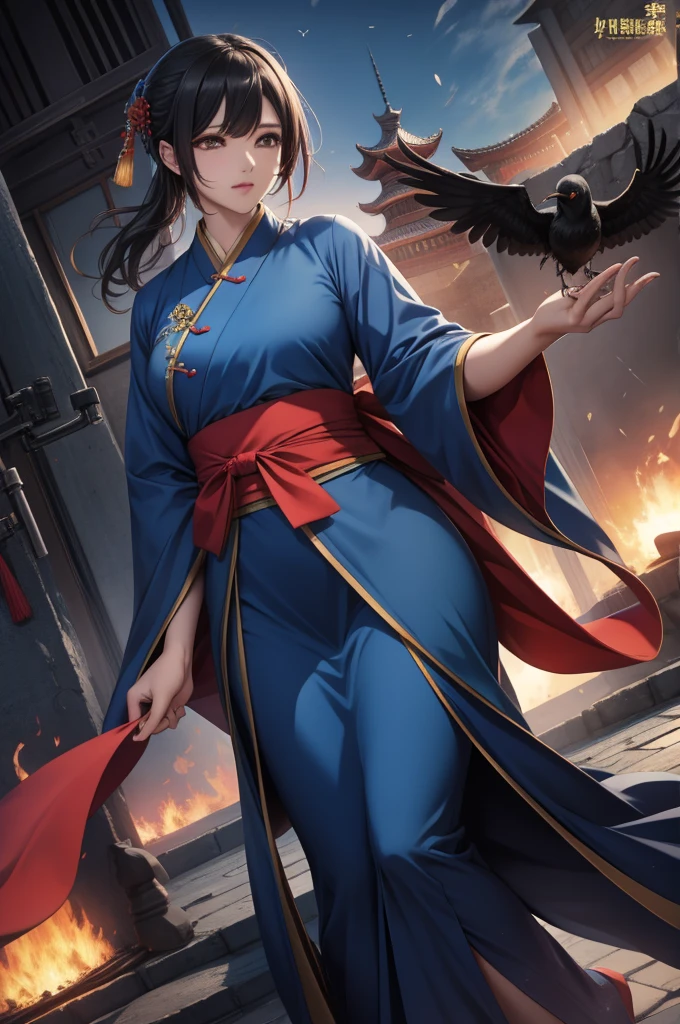 成性身穿Hanfu,The crow's feet on the face are obvious,But she looks beautiful,Full body close-up portrait, Sexy SS blonde hair, parted Lips, Lips,Hanfu, Looking at the audience, Forest Background, Sunset Lights, Practical