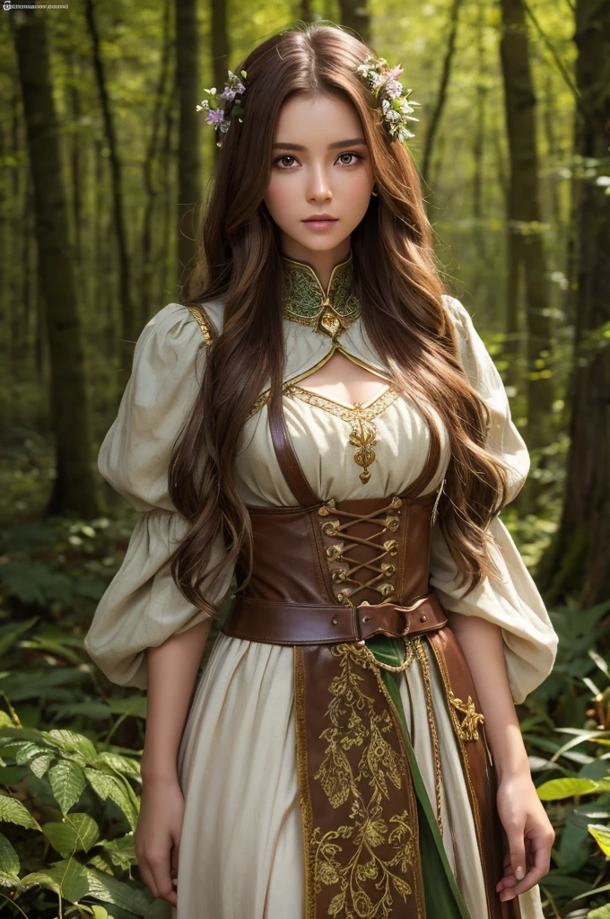 dark skin, detailed beautiful young woman, reddish golden brown hair, long, wavy and messy hair, detaiiled perfect green eyes, delicate symmetric realistic and beautiful face, (magic forest backgroung), ranger outfit leather armored, fairy, wild flowers blending into hair, full body, masterpiece, absurdres,fine detail, rich colors, dramatic lighting, extremely detailed, cinematic lighting