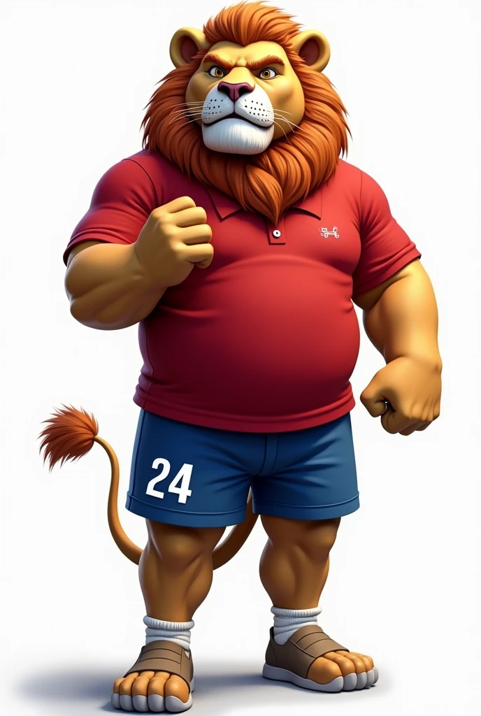 69 / 5,000 An older lion mascot with the number 24 on the leg in white with a red polo shirt and blue shorts with a white background