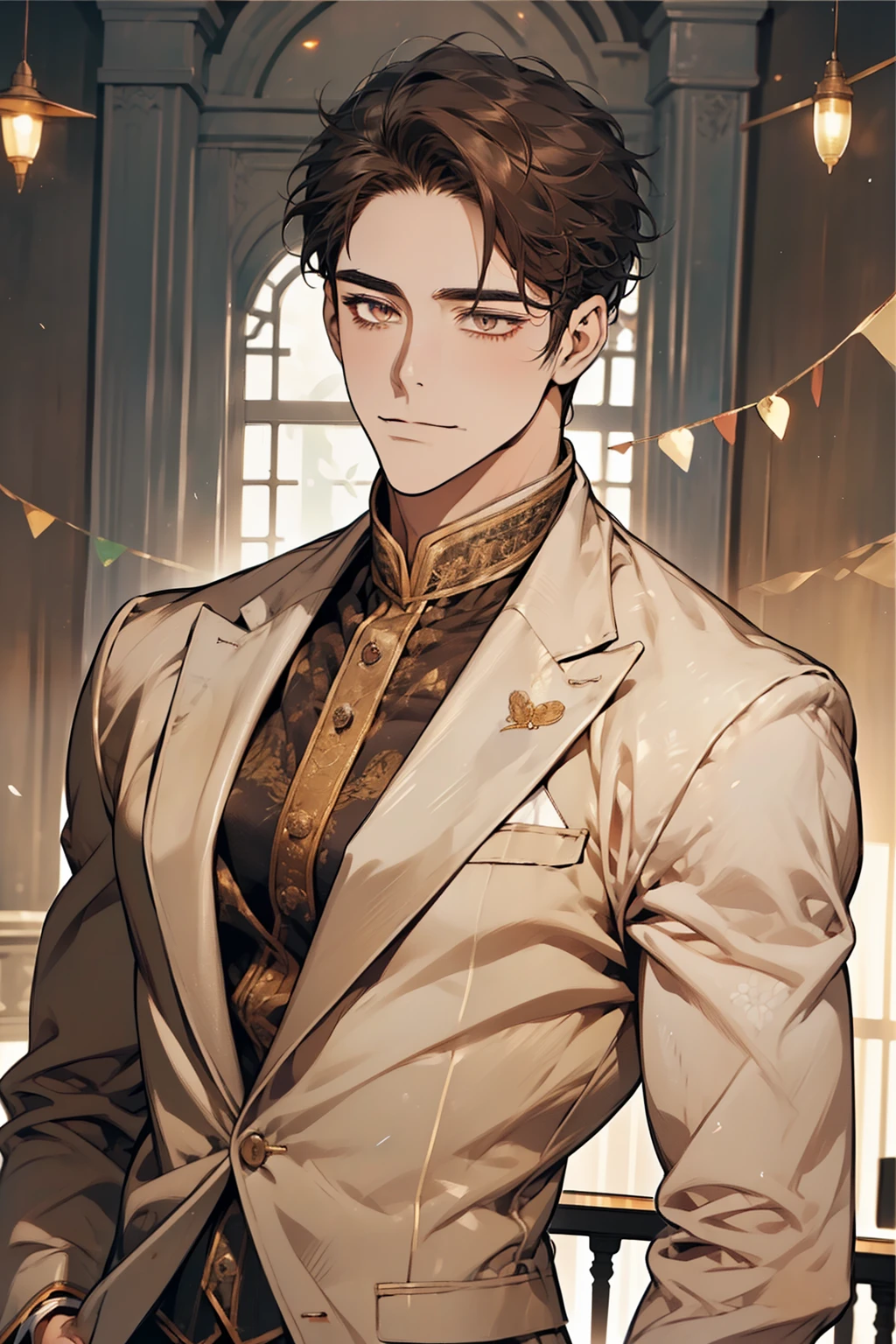 masterpiece, best quality, realistic, 1man, mature male, quiet and charming young man, 2, adorable, closed mouth, portrait, extremely detailed face, soft smile, ((dark amber eyes)), ((short-sides-swept curly light brown hair)), [thick eyebrows], living-room, ((white suit))