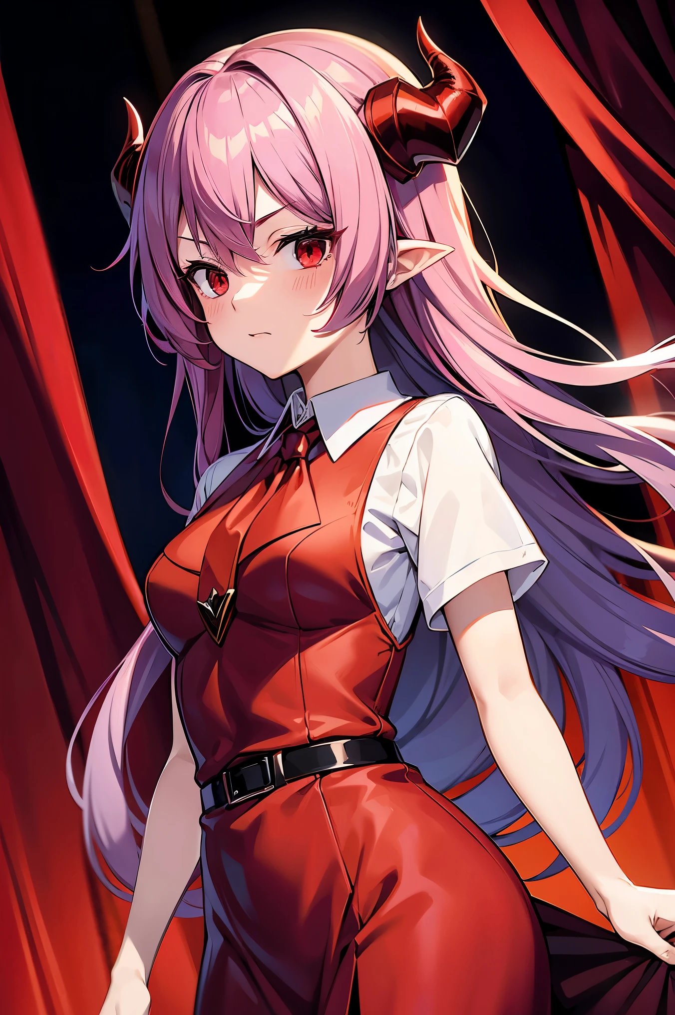  Remilia Scarlet、 hair,Red eyes,long hair,demon horns,his suit,Girl body type,There he is.,There was a little blood on the body.,8K short sleeve dress style shirt