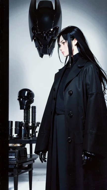 Black Hair、Cold look:1.5、Japanese woman in her 30s、Dark Background、One Cool Lady:1.5、night、whole photo、Dark Eyes、Black gloves、Ominous Machine Lifeform、Nihil、Half of his body is made of machinery、Mechanical Man:1.5、Modern clothing: