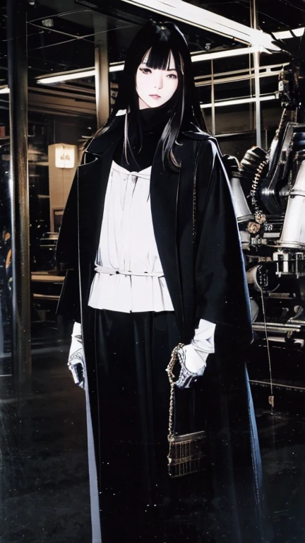 Black Hair、Cold look:1.5、Japanese woman in her 30s、Dark Background、One Cool Lady:1.5、night、whole photo、Dark Eyes、Black gloves、Ominous Machine Lifeform、Nihil、Half of his body is made of machinery、Mechanical Man:1.5、Modern clothing: