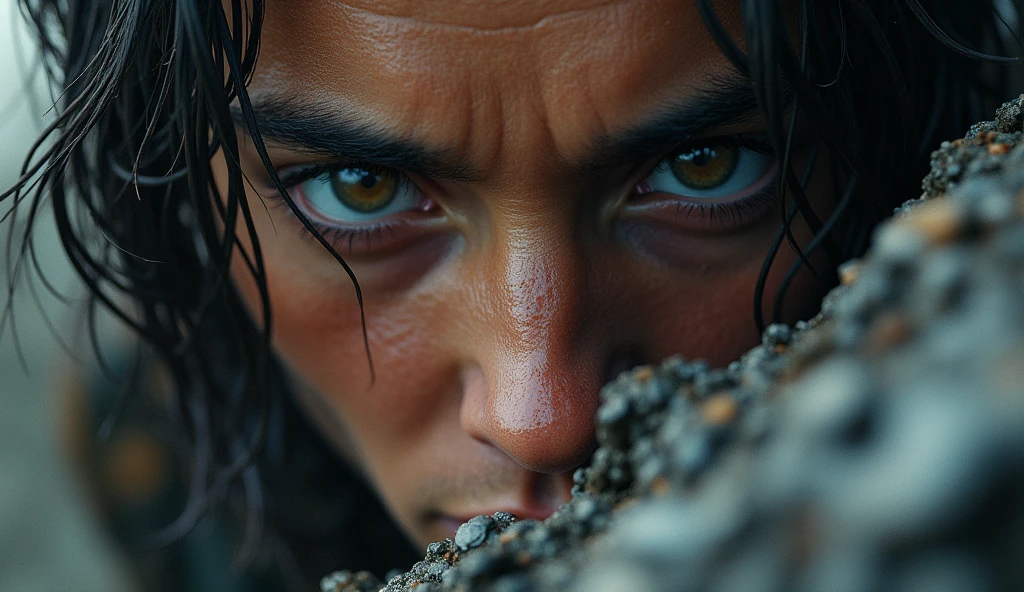 "Close-up of intense eyes filled with resolve and focus. Cut to a wide shot of the person climbing a steep hill or mountain, the terrain rugged and challenging, but they move upward with steady determination."