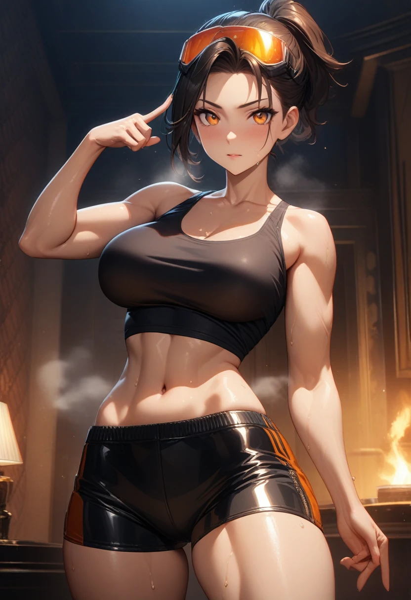 masterpiece,best quality,high resolution,8k,ultra HD,wallpaper,illustration,perfect face,cowboy shot,beautiful detailed eyes,extremely detailed face,perfect lighting,extremely detailed CG,perfect hands,perfect anatomy,perfect body,perfect hands,perfect fingers,1woman,full body,,(muscle fighter:1.1),black ponytail hair,orange eyes,large breasts,Medium ass,,black tube top,black short hot pants,clothed,,collarbone,,looking at viewer,(sexy look pose:1.3),Steam,sweat,rich home,(Zenless Zone Zero character Grace Howard),adult,orange goggles