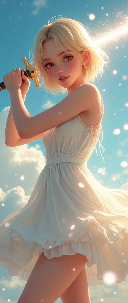 (masterpiece), ((of the highest quality)), (Super detailed), ((Very delicine and beautiful)), (incredible ridiculous))), (perfect body))), 1 girl, bright white particles, struggle, tinincia_sword, Blonde bob hair, Red eyes, seventeen years, outdoor, sky, Reiki de cuerpo intero, , White tintered dress, bare shoulders, little smile, Mar + bottom, viinto, perfect hands, hand details, modified fingers. pindiintes, looking_in_peeping in the viewer, linte de vaquero, rich details, Calidad de imagin perfecta
