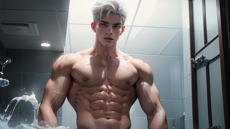 A young boy with white hair，fair skin，handsome，The triangle briefs are wet, so I took half of them off.，裸上半身Soaked in milk，Showing six-pack abs and chest muscles with water droplets on them，Soaked in milk，纖細長腿Soaked in milk，There is a big protrusion from below and milk is spurting out，Soaked in milk，Tilting their head back, they wore an expression of comfort.，Milk flows from the corners of the mouth，Sticking out tongue，Drinking milk，Very shy expression，Milk flows from the corner of the mouth，covered in milk，soak in milk，There&#39;s milk on your face too，Milk flows from the corners of the mouth，身上Soaked in milk，Complete character，To the light，The light shines on the abdominal muscles，milk everywhere