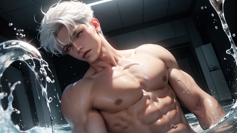 A young boy with white hair,fair skin,handsome,The triangle briefs are wet, so I took half of them off.,裸上半身Soaked in milk,Showing six-pack abs and chest muscles with water droplets on them,Soaked in milk,纖細長腿Soaked in milk,There is a big protrusion from below and milk is spurting out,Soaked in milk,Tilting their head back, they wore an expression of comfort.,Milk flows from the corners of the mouth,Sticking out tongue,Drinking milk,Very shy expression,Milk flows from the corner of the mouth,covered in milk,soak in milk,There's milk on your face too,Milk flows from the corners of the mouth,身上Soaked in milk,Complete character,To the light,The light shines on the abdominal muscles,milk everywhere