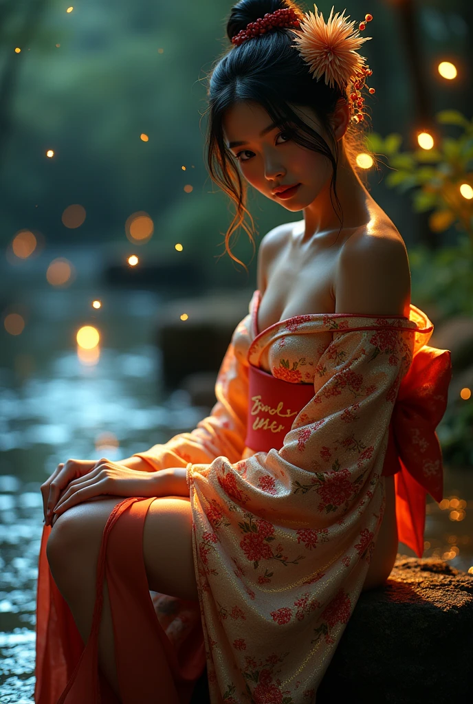 (masterpiece,best quality:1.4),(8k,raw photo,photo realistic:1.2),shiny skin,detailed skin,detailed face,detailed eyes,Detailed hands,Detailed Background、1girl,Japanese idol,(beautiful face),(Shining Eyes:1.1),、、Symmetrical eyes、、Great background、Great location、((Japanese Yukata))、(Detailed and very cute,)、Mysterious夜,Fireflies flying around in the stream,The light emitted by fireflies,Full body portrait,,Mysterious,Seductive woman sitting,nswf,sexy Instagram style