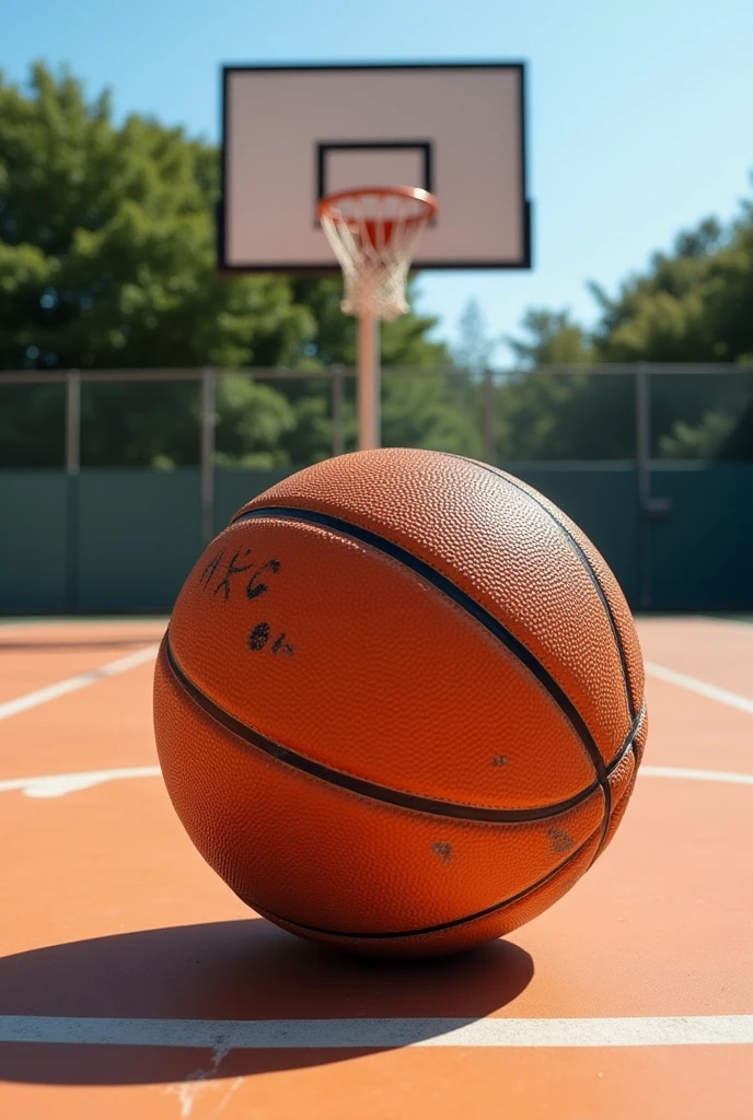 A basketball rests on the court, Its bright orange surface capturing the sunlight. With its characteristic black panels and rough texture, is ready to roll and bounce on the ground. The visible mark on the ball indicates that it has been used in intense matches., highlighting the marks of competition and the excitement of the game.
around, The court is marked with white lines that delimit the three-point zone and the free throw line., creating a space that invites action. At one end, the metal hoop with the net gently waving in the breeze, wait for the ball to arrive