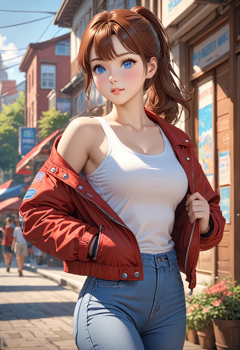 ((best quality)), ((artwork)), ((extremely detailed face)), ((perfect lighting)), ((extremely detailed CG)), ((perfect hands, perfect anatomy)) Appearance= 1; university student; 1.69 m tall; caucasian; reddish-brown hair, side parted bangs with a ponytail; blue eyes; fair complexion, slight chubby cheeks, baby-like features, athletic, toned; american accent; biker style, red jacket, tank top, jeans
