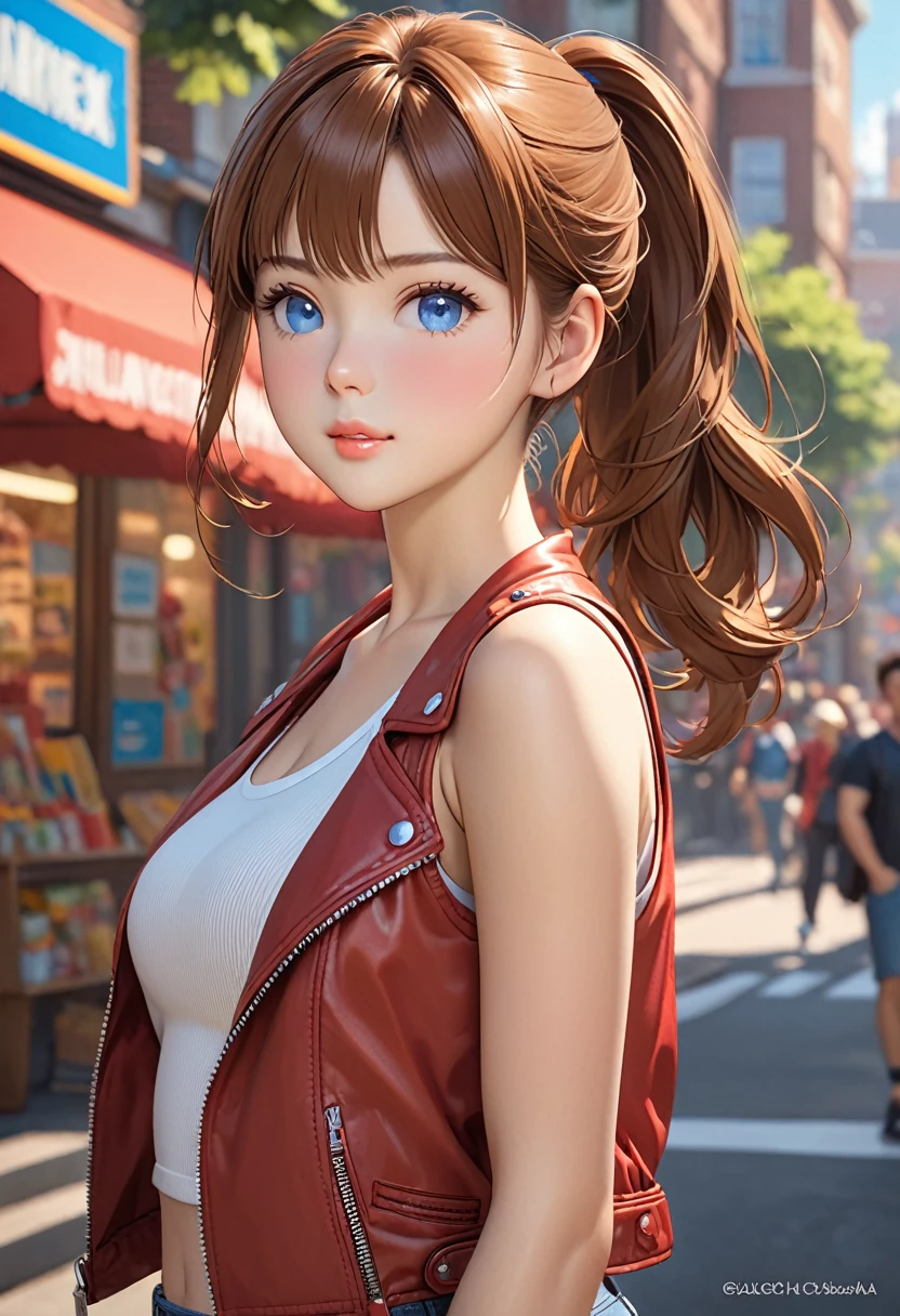 ((best quality)), ((artwork)), ((extremely detailed face)), ((perfect lighting)), ((extremely detailed CG)), ((perfect hands, perfect anatomy)) Appearance= 1; university student; 1.69 m tall; caucasian; reddish-brown hair, side parted bangs with a ponytail; blue eyes; fair complexion, slight chubby cheeks, baby-like features, athletic, toned; american accent; biker style, red jacket, tank top, jeans