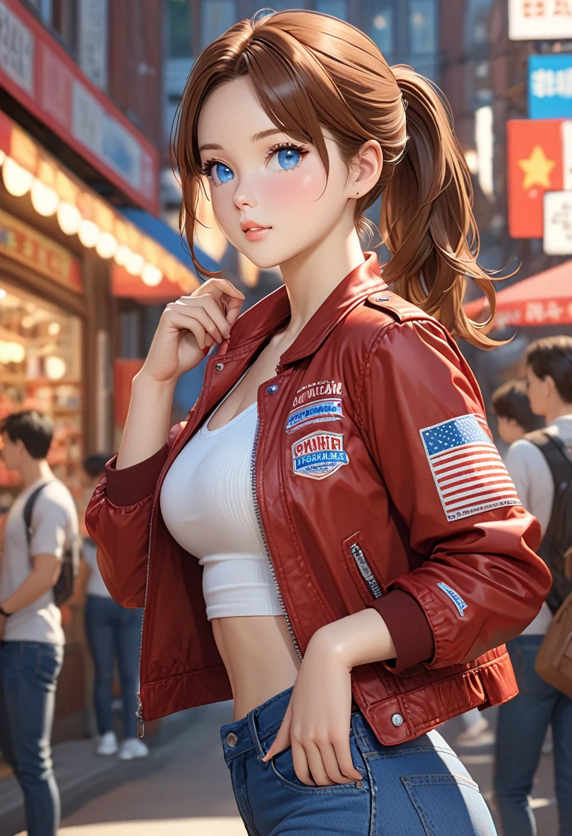 ((best quality)), ((artwork)), ((extremely detailed face)), ((perfect lighting)), ((extremely detailed CG)), ((perfect hands, perfect anatomy)) Appearance= 1; university student; 1.69 m tall; caucasian; reddish-brown hair, side parted bangs with a ponytail; blue eyes; fair complexion, slight chubby cheeks, baby-like features, athletic, toned; american accent; biker style, red jacket, tank top, jeans