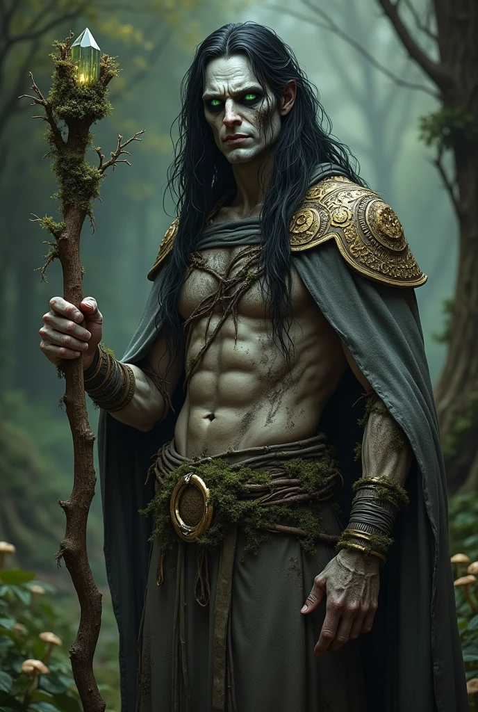 Create a highly detailed portrait of a male druid, approximately 30 years old, with a morbid, undead appearance. He stands around 1.85 meters tall with a robust, yet defined build. His skin is pale and ashen, with dark, root-like veins visible beneath the surface, giving him a haunting, decayed look. His eyes are a deep, eerie green, reminiscent of a murky, bottomless swamp, conveying a sense of ancient wisdom and a connection to death.
His long, black hair is unkempt and dirty, cascading down to his shoulders, tangled with bits of moss and dirt. He wears a tattered, gray cloak that once had gold accents, now faded and dull, draped over his shoulders. His clothing is worn and torn, with the remnants of intricate gold patterns barely visible, indicating a once-regal but now decayed past. The fabric clings loosely to his muscular frame, revealing the fungal growths and patches of moss that have begun to merge with his skin, particularly around his arms, neck, and chest.
In his hand, he grips a crooked wooden staff, gnarled and twisted, with ancient, eerie carvings running along its length. The staff is topped with a dark, ominous crystal that glows faintly, surrounded by twisted vines and small mushrooms growing out of the wood, further emphasizing his symbiosis with the forest and decay.
The overall mood of the portrait should be dark and foreboding, set against a shadowy, overgrown forest background. The druid's expression is one of solemnity and weariness, reflecting his undead nature and the burden of his connection to the cycle of life and death. Focus on the contrast between the decayed elements and the lingering signs of his past vitality.